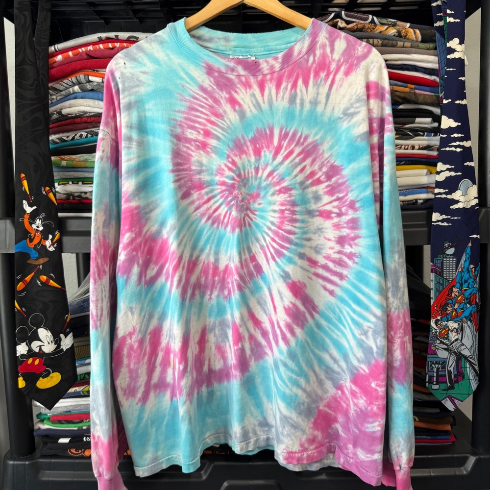 Vintage Pink Blue Spiral Tie Dye Long Sleeve Shirt XL Light Marks